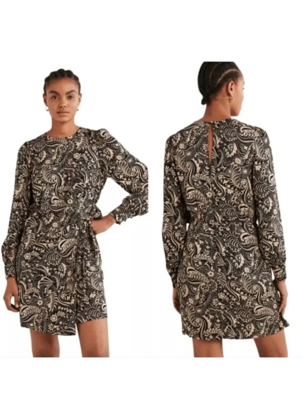 Boden NEW Wrap Dress Black Tan Floral Women's Size US 10 Long UK 14 $165